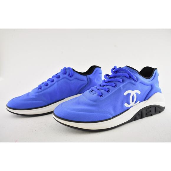 Chanel Men 19P Blue Lycra White Black CC Logo Lace Low Top Trainer Sneaker 44 11 - Picture 10 of 12